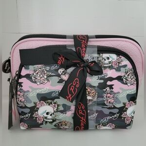 NWT Two Piece Ed Hardy Pink Camo Skull & Rose Cosmetic Travel Pouches w/Ribbon